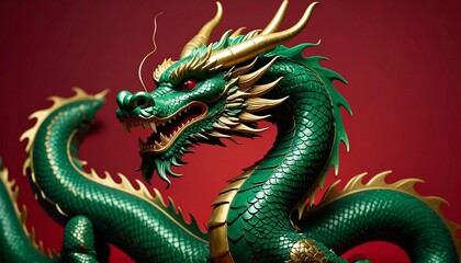 Obraz premium A Majestic Green Chinese Dragon Coiled Against a Bold Red Background, Showcasing Intricate Scales, Glowing Eyes, Flowing Whiskers, and Ornate Golden Accents in Mythical Eastern Splendor