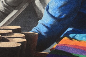 Colorful textile and hands engaging in craftwork at a vibrant market in a sunny outdoor setting