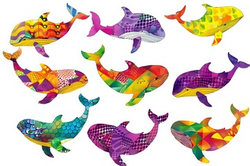 Colorful geometric whales with abstract patterns and vibrant rainbow colors on white background, isolated design elements for creative projects and wall art decoration.