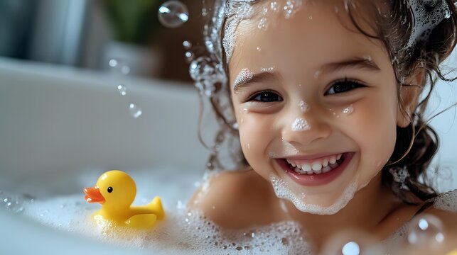 Hispanic girl with curly hair smiling during bath time with yellow rubber duck toy and soap bubbles, showing joy and playfulness in childhood wellness routine. - Powered by Adobe
