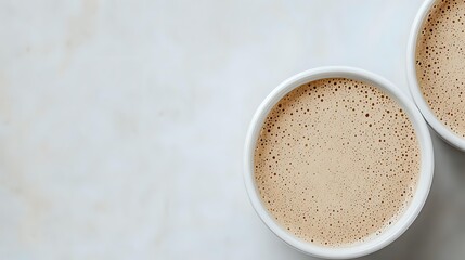 Frothy beige coffee drink with creamy foam in white ceramic cup on light marble background, top view with copy space for cafe menu or social media.
