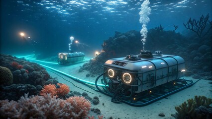 Deep sea exploration shows submersible vehicles within coral reefs.
