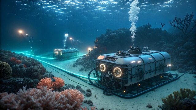 Deep sea exploration shows submersible vehicles within coral reefs.