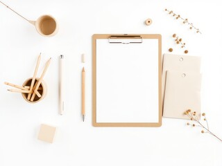 Minimalist workspace with stationery and dried florals showcasing a blank clipboard for creative content and planning