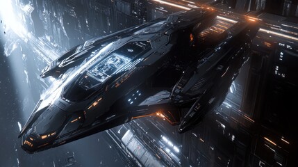 Futuristic spaceship in a space station