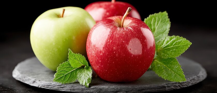 Three fresh apples one green and two red with mint leaves on a dark slate surface