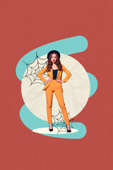 Pop creative collage of person stand on color background with spider web image