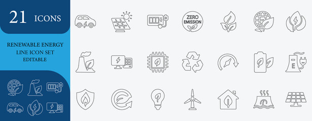 Clean and minimal line icon set of renewable energy, solar panel, wind power, electric car, zero emission, battery, eco energy, and sustainability