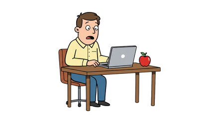 Surprised Cartoon Man Working on Laptop with Apple