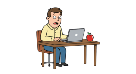 Surprised Cartoon Man Working on Laptop with Apple
