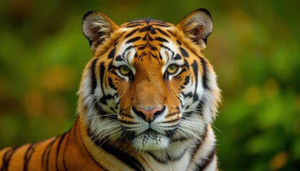Fototapeta premium Close-up of a Bengal tiger in its natural habitat, showcasing its striking features and vivid fur patterns.