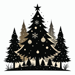 Fototapeta premium Festive silhouette Christmas trees with ornaments and snowflakes creating a whimsical winter wonderland scene