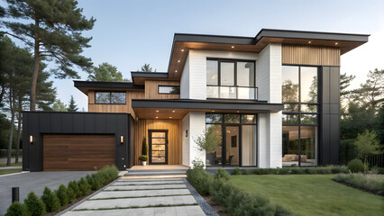 Obraz premium Contemporary residential architecture with clean lines and neutral tones in daylight