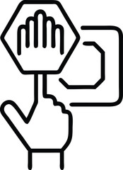 Fototapeta premium Outline icon of hand touching hexagonal frame with gear in simple style