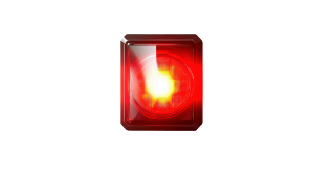 Red burning candle with glowing flame and melted wax isolated on white background