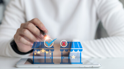 User selecting a better online store based on customer ratings and reviews, showing comparison with high vs low star ratings on a digital device.