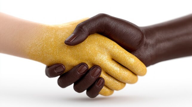 Two hands one dark skinned and the other yellow clasping in a handshake