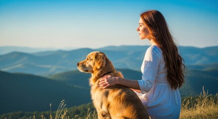 A woman and her dog enjoying a scenic mountain view.