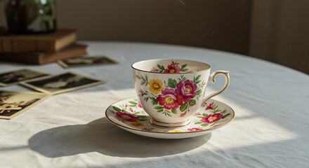 Fototapeta premium Tea cup with floral pattern on white tablecloth, cozy vintage vibe