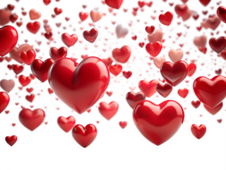 Photo of a cascade of red hearts floats in the air isolated on transparent background