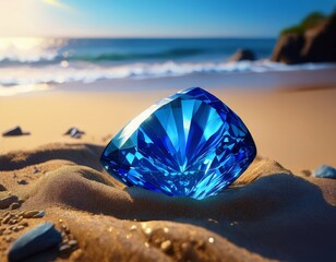 eep blue sapphire gemstone buried in sandy beach sparkling gemstone in natural surroundings for luxury jewelry design ocean inspired gem with rich blue hues