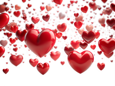 Photo of a cascade of red hearts floats in the air isolated on transparent background