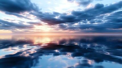 Obraz premium Dramatic sunset over calm ocean water with dark storm clouds reflecting on rippled surface creating mirror effect, golden sunlight breaking through cloudy sky.