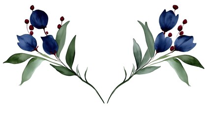 Elegant navy blue floral wreath with red berries and green leaves on white background, watercolor style botanical arrangement for wedding stationery and decor.