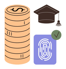 Stack of coins, graduation cap, fingerprint ID with approval mark. Ideal for education funding, scholarship, verification, financial planning, digital security, higher learning simple flat metaphor