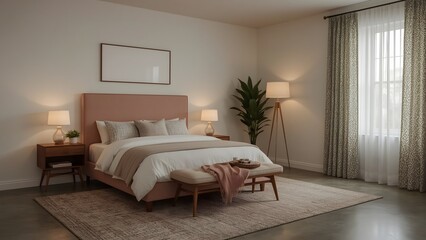 Fototapeta premium Modern Minimalist Bedroom Interior: Soft Pink Headboard, Neutral Decor, Warm Lighting, Textured Rug