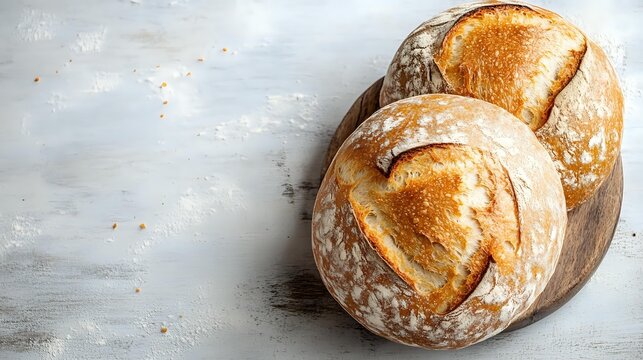 Fresh crusty artisan sourdough bread loaves with golden brown crust and flour dusting on rustic wooden board against light gray concrete background.