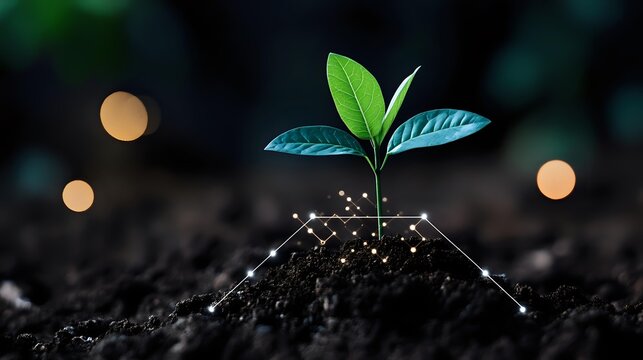 Young green plant seedling growing from soil with glowing geometric triangle pattern and bokeh lights, representing growth, technology and innovation in agriculture.