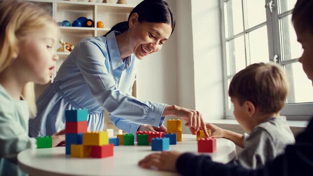 Kindergarten teacher happily interacting with pupils, playing with colorful building blocks, fostering creativity and learning through play in a nurturing classroom environment