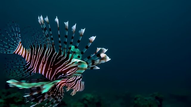 Close-up of a lionfish in deep ocean water