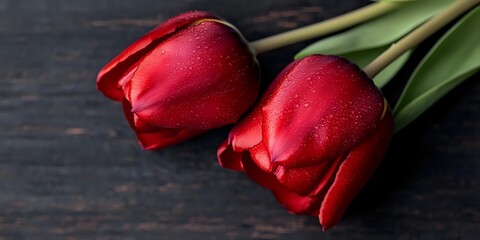 Fresh red tulips with water drops on petals lying on dark wooden background, romantic floral composition for Valentine's Day or spring celebration.