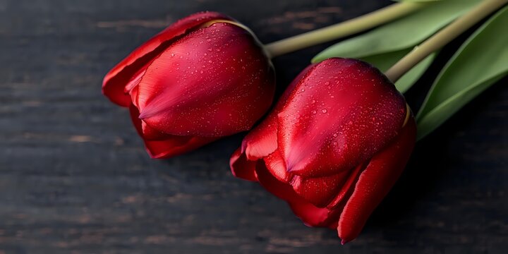 Fresh red tulips with water drops on petals lying on dark wooden background, romantic floral composition for Valentine's Day or spring celebration.