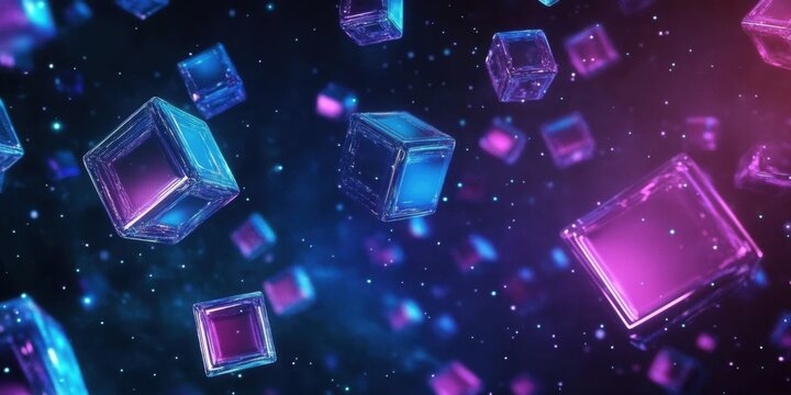 Abstract digital background featuring floating blue and purple cubes in a dark space- creating a futuristic and immersive visual effect.