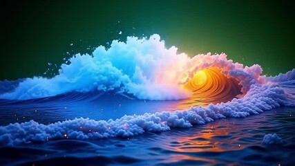 Ocean waves curling with blue and golden hues against a green and yellow gradient backdrop 4k video - Powered by Adobe