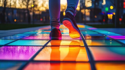 Close-up of legs stepping on vibrant- illuminated glass tiles- creating a dynamic path with a...