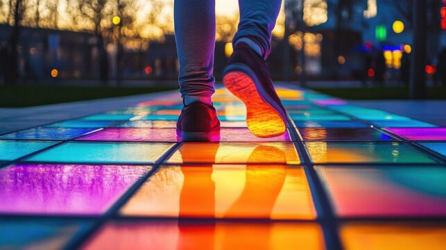 Close-up of legs stepping on vibrant- illuminated glass tiles- creating a dynamic path with a colorful glow- evoking energy and creativity.