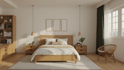Serene Minimalist Bedroom: Light Wood Bed, Neutral Decor, Natural Light, and Cozy Chair.