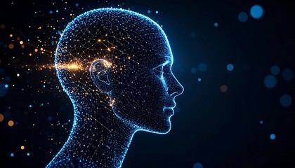 Obraz premium Profile view of a digital human head, glowing with interconnected particles