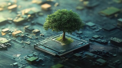 A lush green tree growing from a microchip- symbolizing the fusion of nature and technology in an eco-friendly- sustainable future.