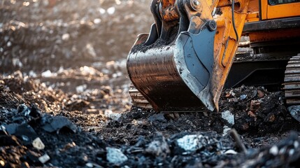 A close-up of an excavator’s bucket as it scoops up debris at a landfill- highlighting the impact...