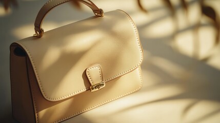 Beige leather handbag close up