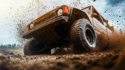Dynamic close-up of an off-road vehicle racing through muddy terrain- splashing dirt and capturing the thrill of extreme sports. © Jonathan