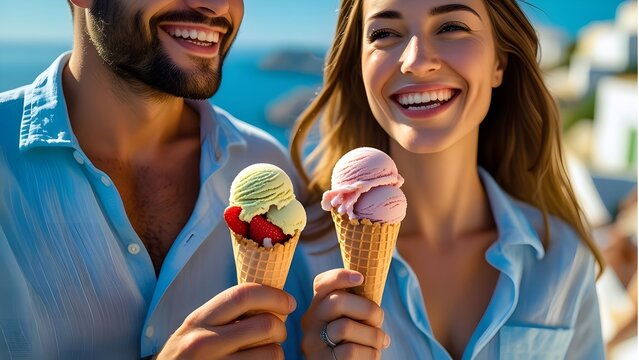 Smiling Couple Enjoying Ice Cream by The Waterfront on a Sunny Day