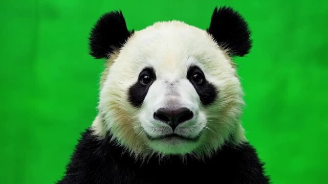 Close up of a panda bear face with black ears and eye patches on a green screen background green screen animal video