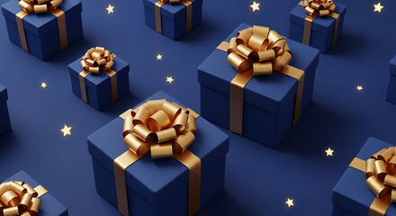 An isolated navi blue gift box with a gold ribbon and bow is a perfect holiday or birthday surprise object for any celebration