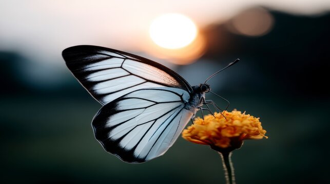 A detailed close up captures a white butterfly with black veins feeding on an orange flower at sunset